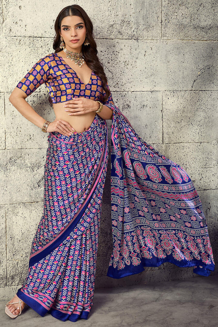 Dark Slate Blue Printed Semi Modal Satin Silk Saree