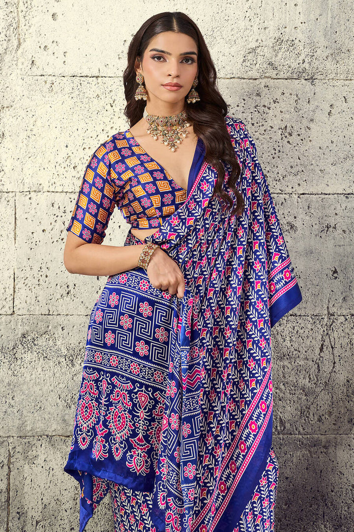 Dark Slate Blue Printed Semi Modal Satin Silk Saree