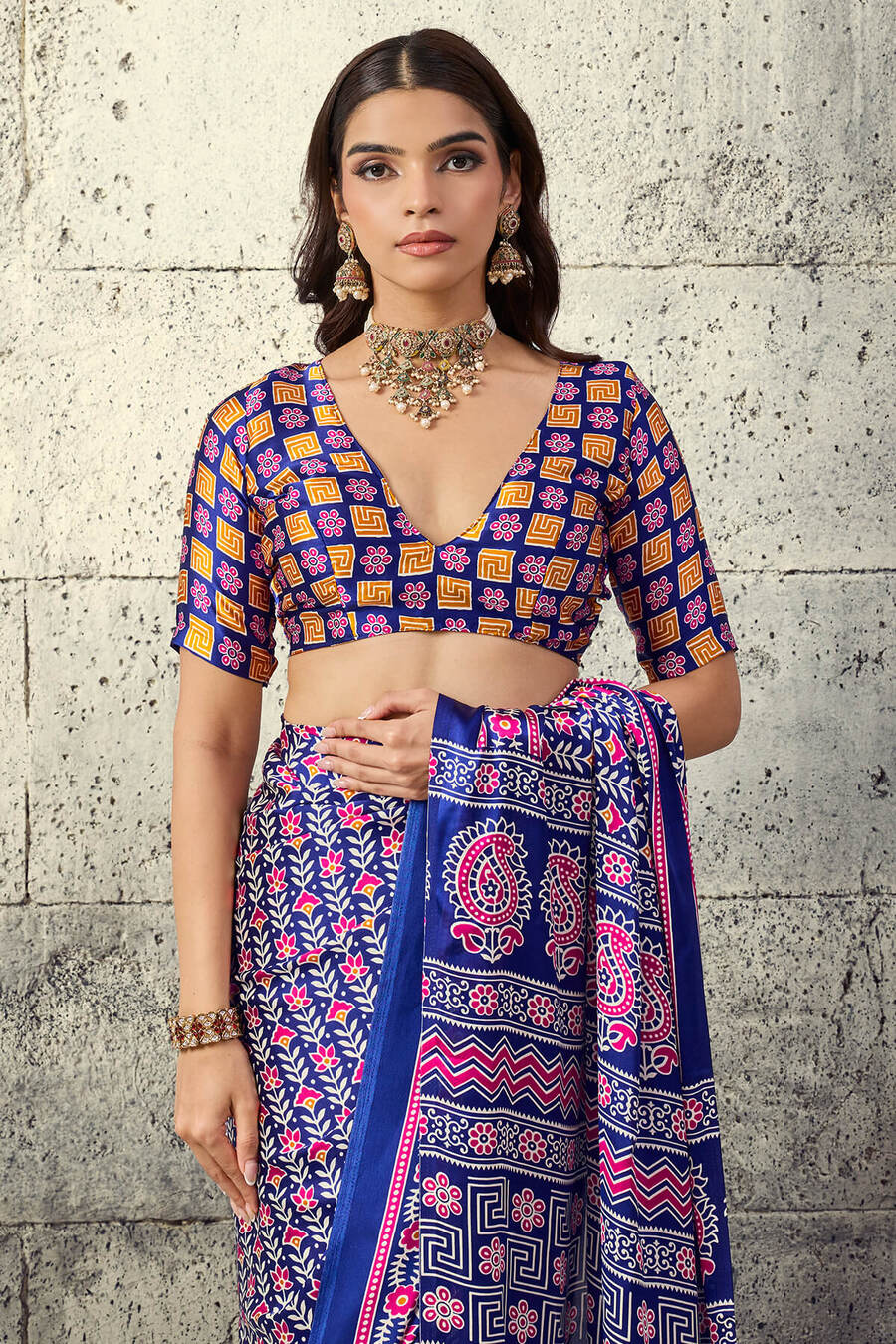 Dark Slate Blue Printed Semi Modal Satin Silk Saree