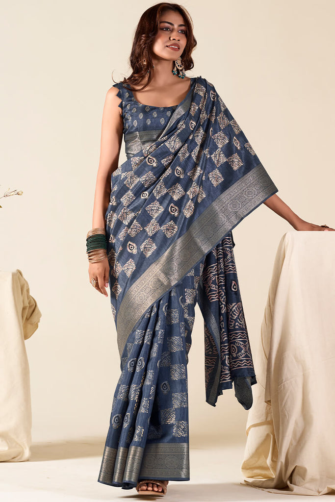 Dark Slate Grey Foil Printed Dola Silk Saree