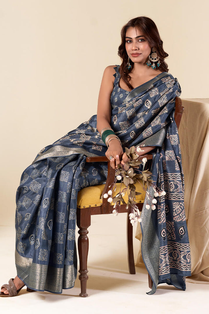 Dark Slate Grey Foil Printed Dola Silk Saree