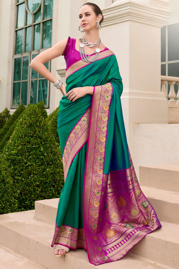 Dark Spring Green Soft Banarasi Silk Saree