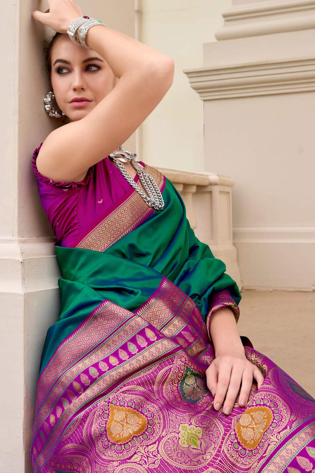 Dark Spring Green Soft Banarasi Silk Saree