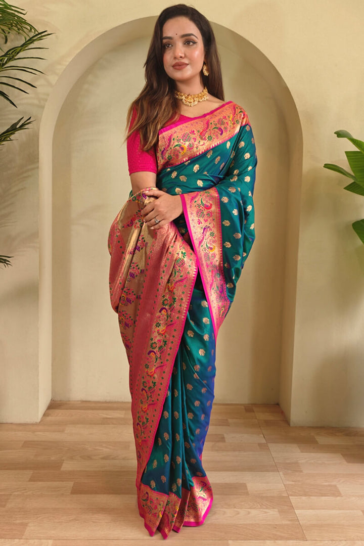 Dark Teal Green Zari Woven Paithani Silk Saree