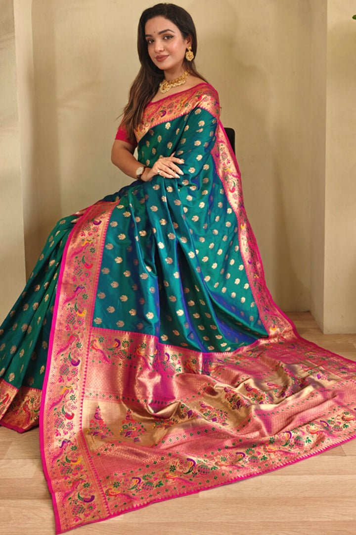 Dark Teal Green Zari Woven Paithani Silk Saree