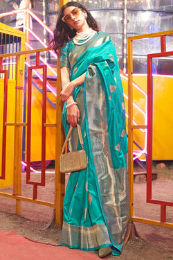 Dark Turquoise Banarasi Handloom Silk Saree