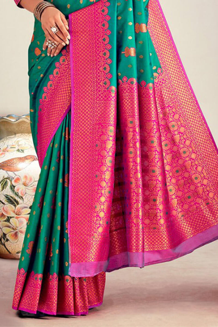 Dark Turquoise Soft Banarasi Silk Saree