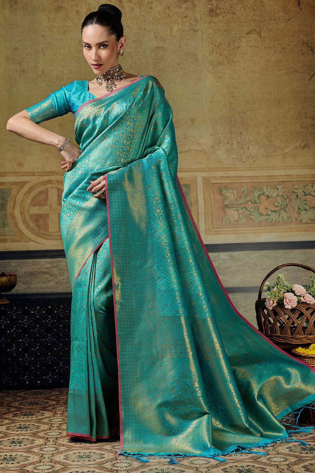Dark Turquoise Zari Woven Kanjivaram Silk Saree