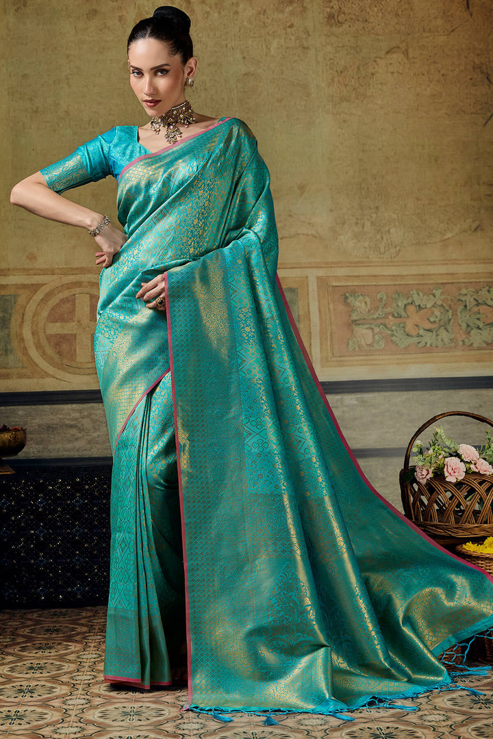 Dark Turquoise Zari Woven Kanjivaram Silk Saree