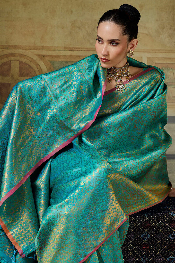 Dark Turquoise Zari Woven Kanjivaram Silk Saree