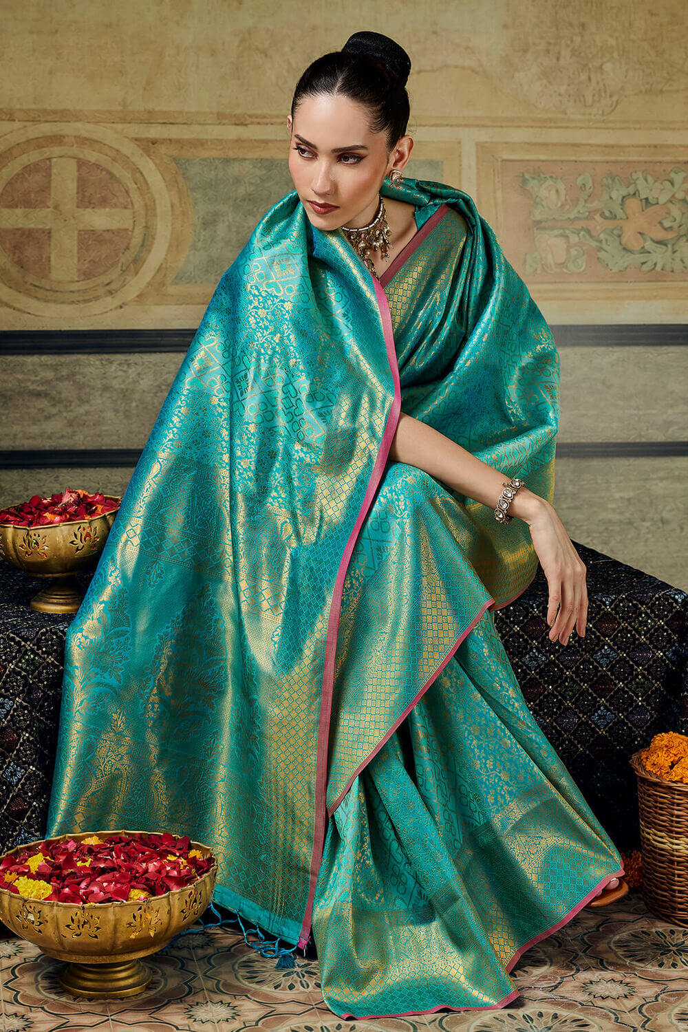 Dark Turquoise Zari Woven Kanjivaram Silk Saree