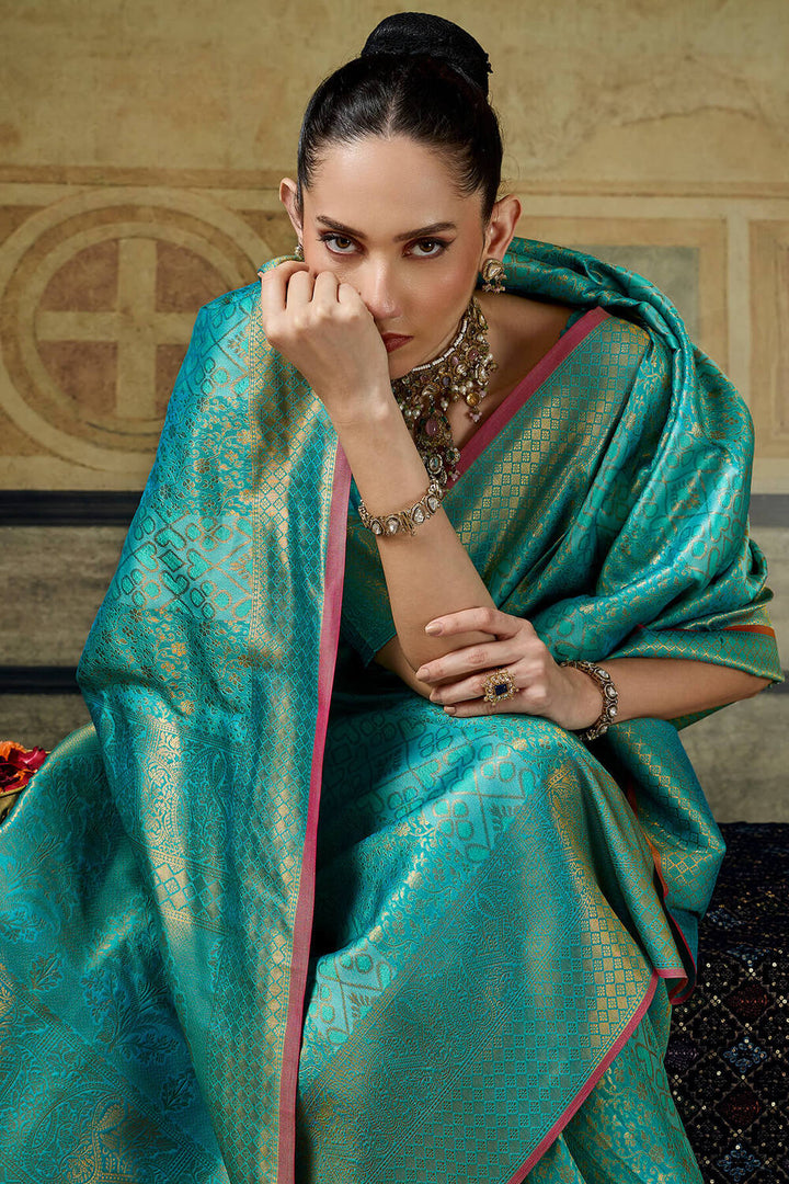 Dark Turquoise Zari Woven Kanjivaram Silk Saree
