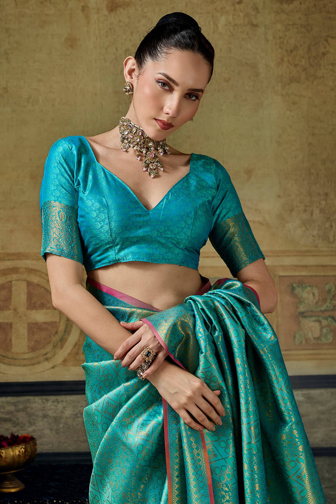 Dark Turquoise Zari Woven Kanjivaram Silk Saree