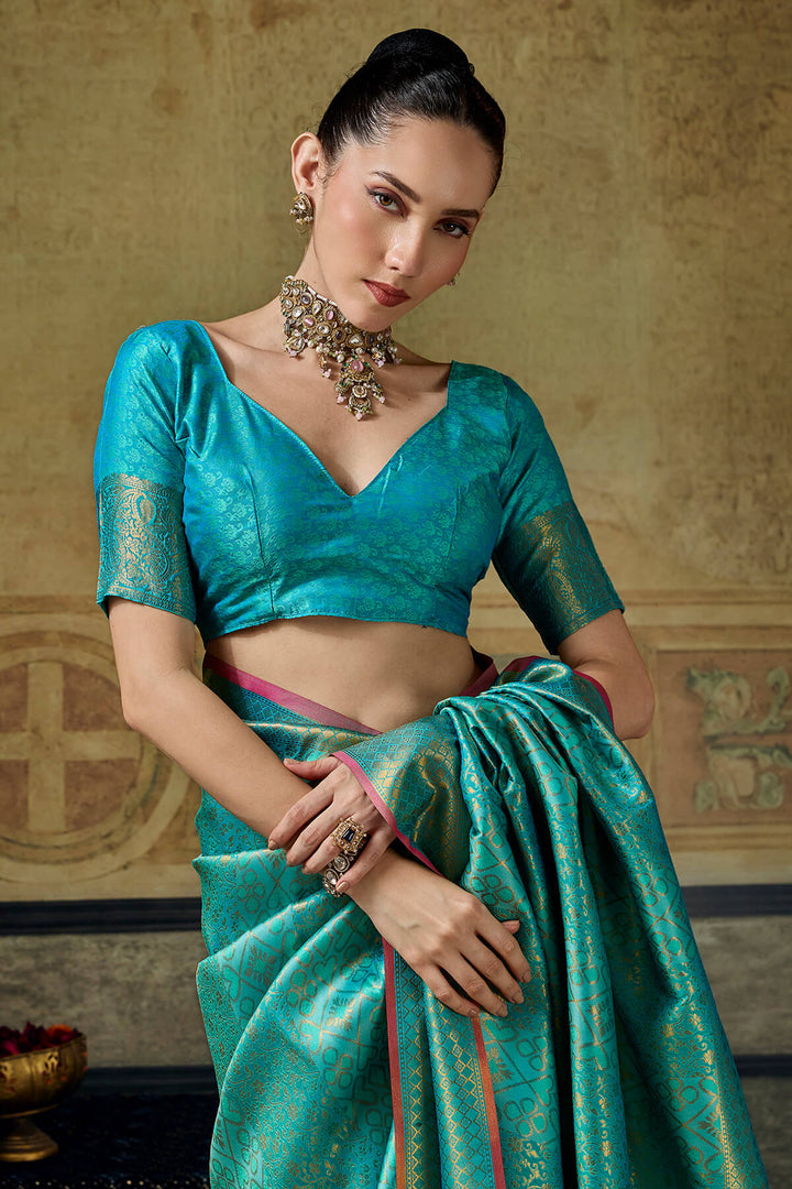 Dark Turquoise Zari Woven Kanjivaram Silk Saree