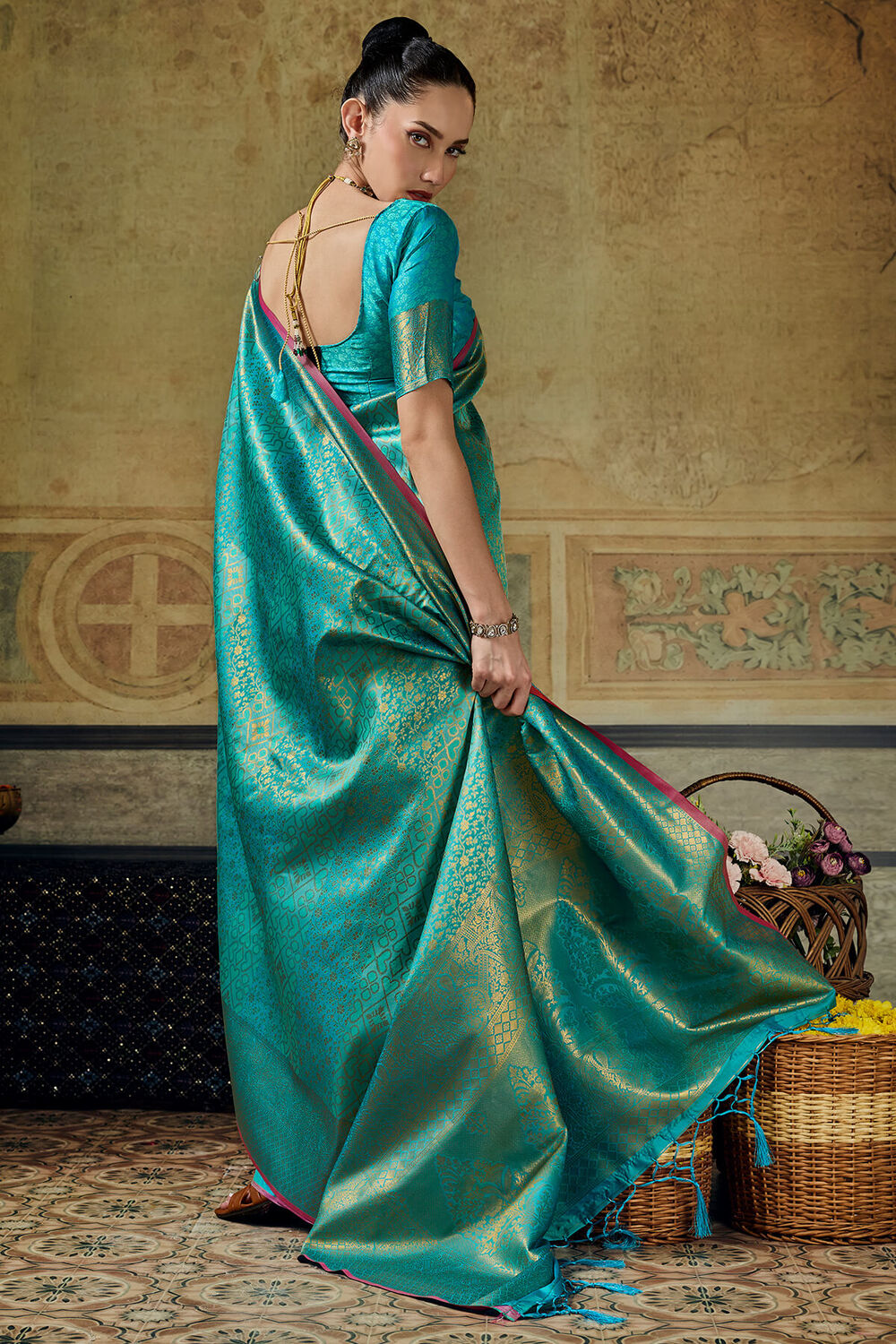 Dark Turquoise Zari Woven Kanjivaram Silk Saree