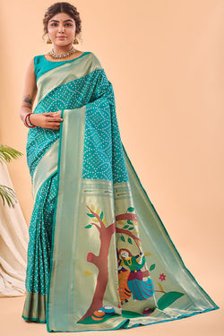 Dark Turquoise Zari Woven Paithani Silk Saree