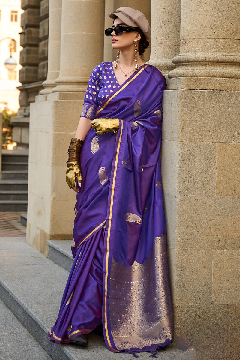 Dark Violet Banarasi Satin Silk Saree