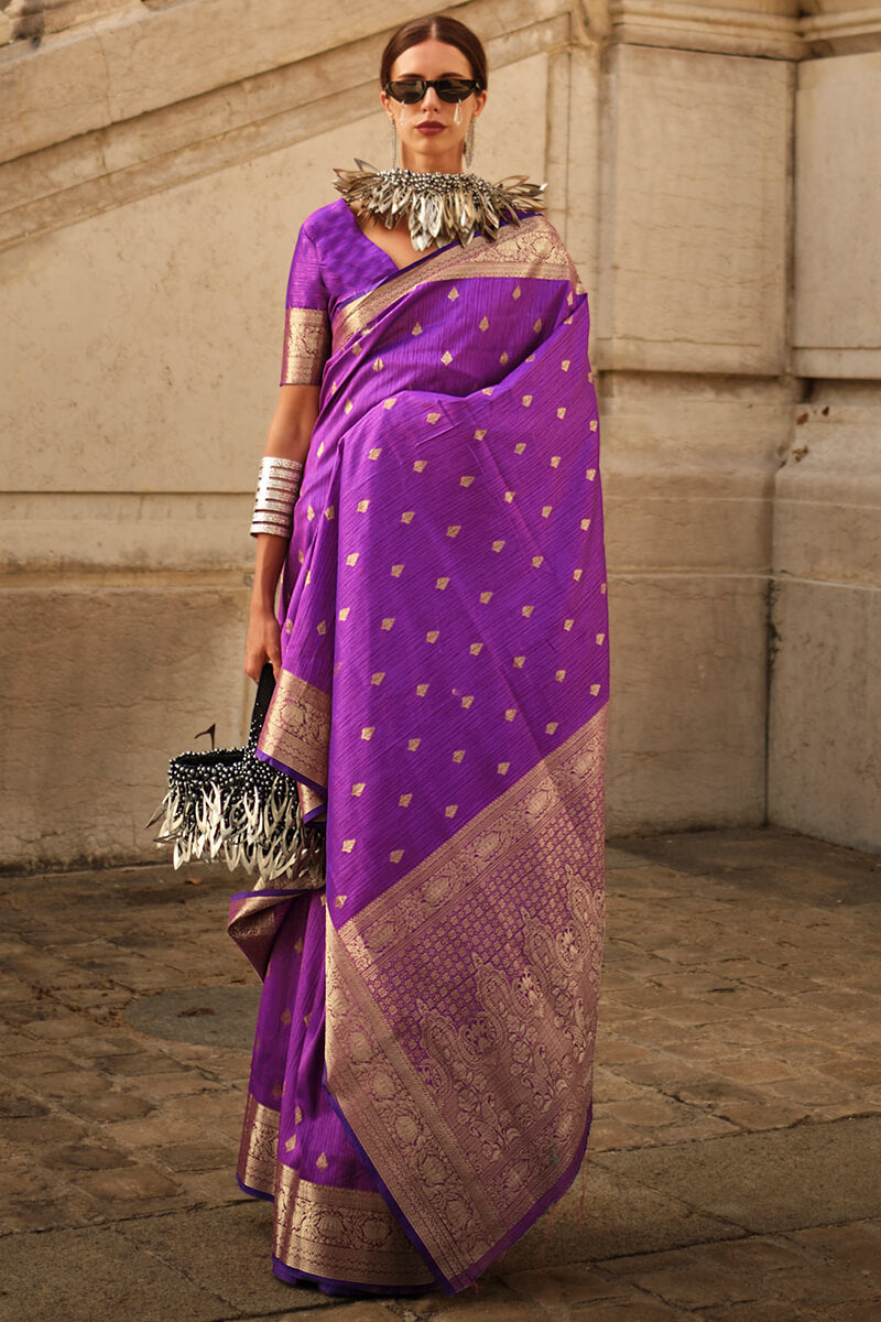 Dark Violet Zari Woven Banarasi Silk Saree