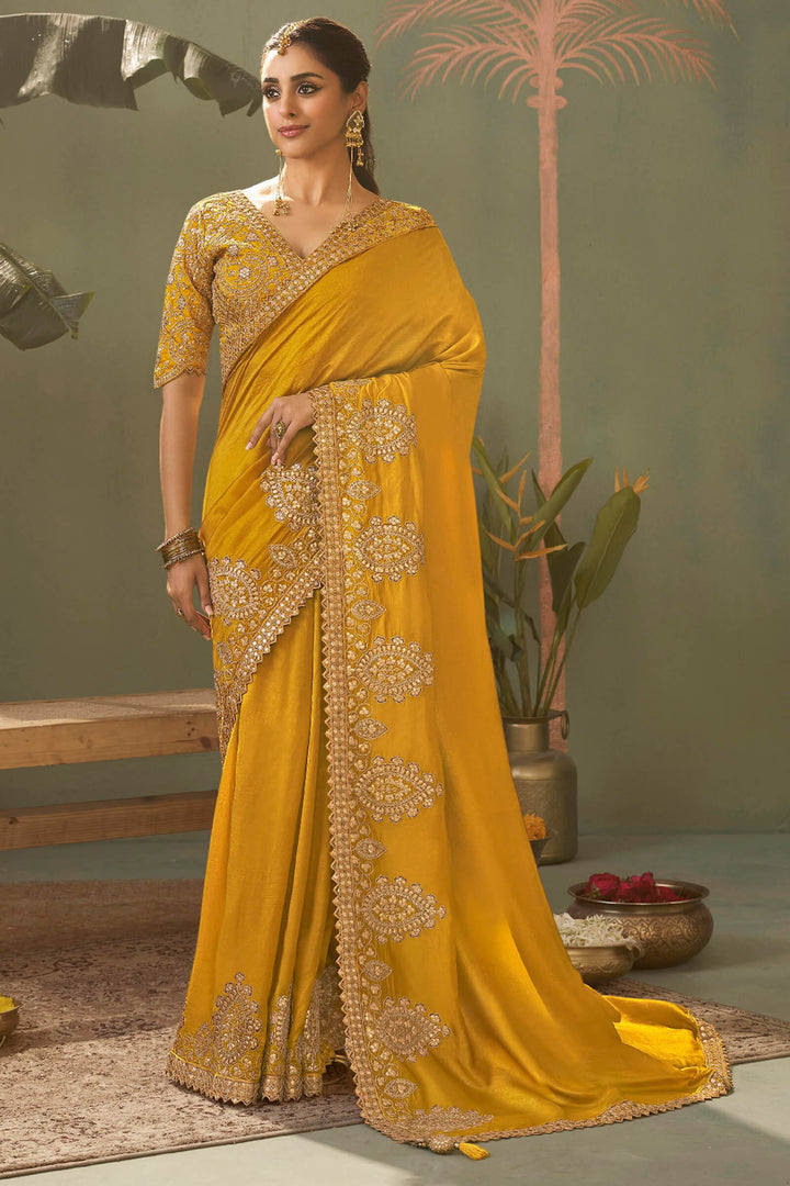 Dark Yellow Gota Patti Embroidery Work Saree With Designer Blouse Piece