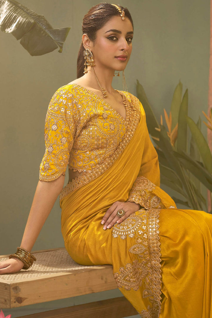 Dark Yellow Gota Patti Embroidery Work Saree With Designer Blouse Piece