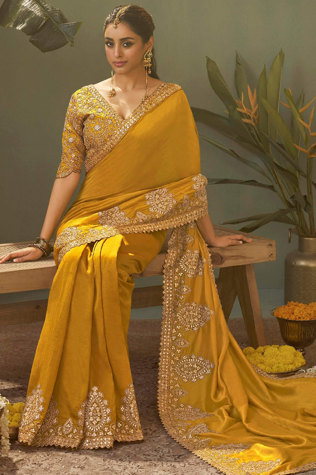 Dark Yellow Gota Patti Embroidery Work Saree With Designer Blouse Piece
