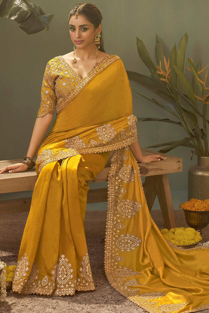 Dark Yellow Gota Patti Embroidery Work Saree With Designer Blouse Piece