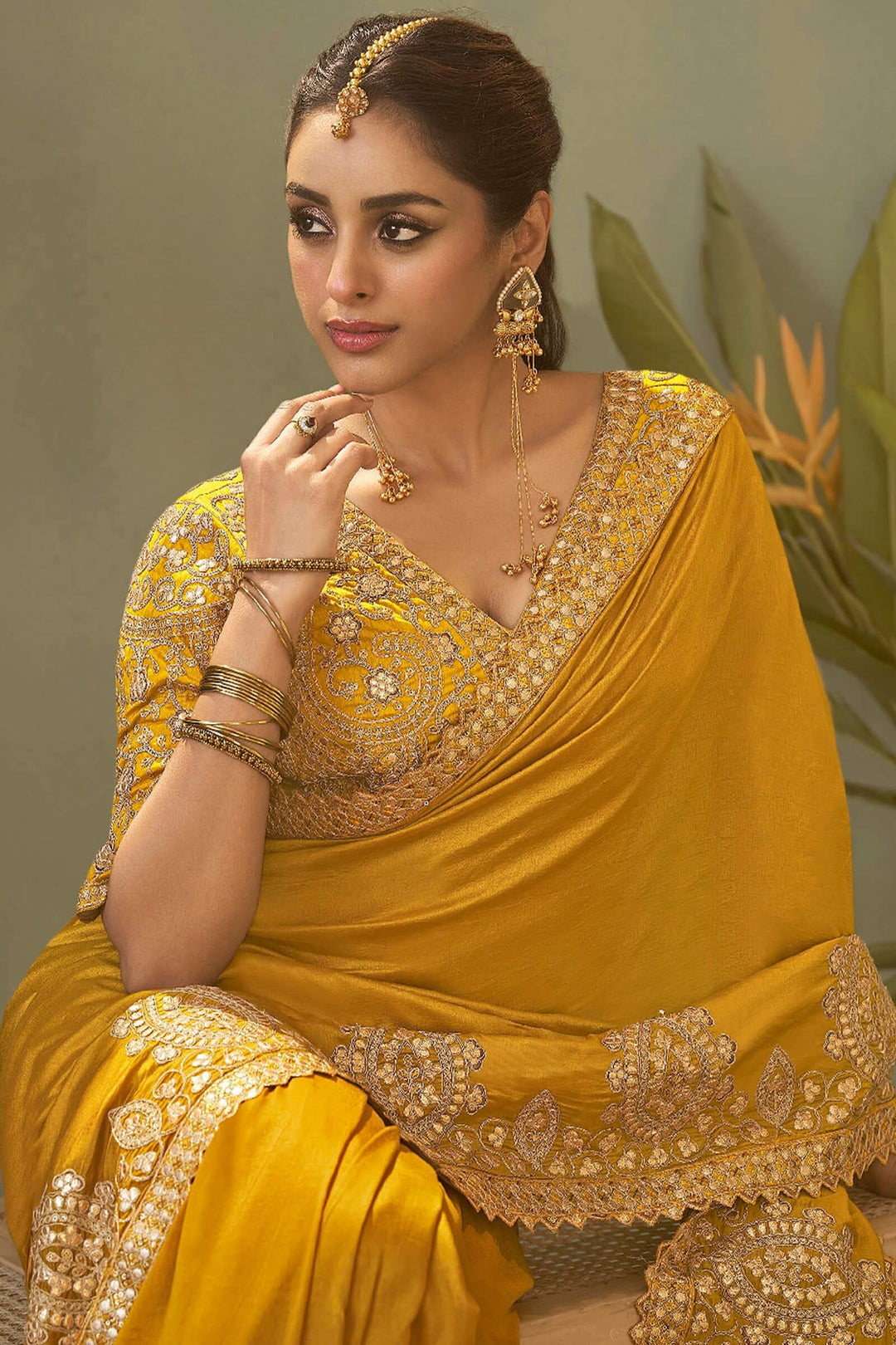 Dark Yellow Gota Patti Embroidery Work Saree With Designer Blouse Piece