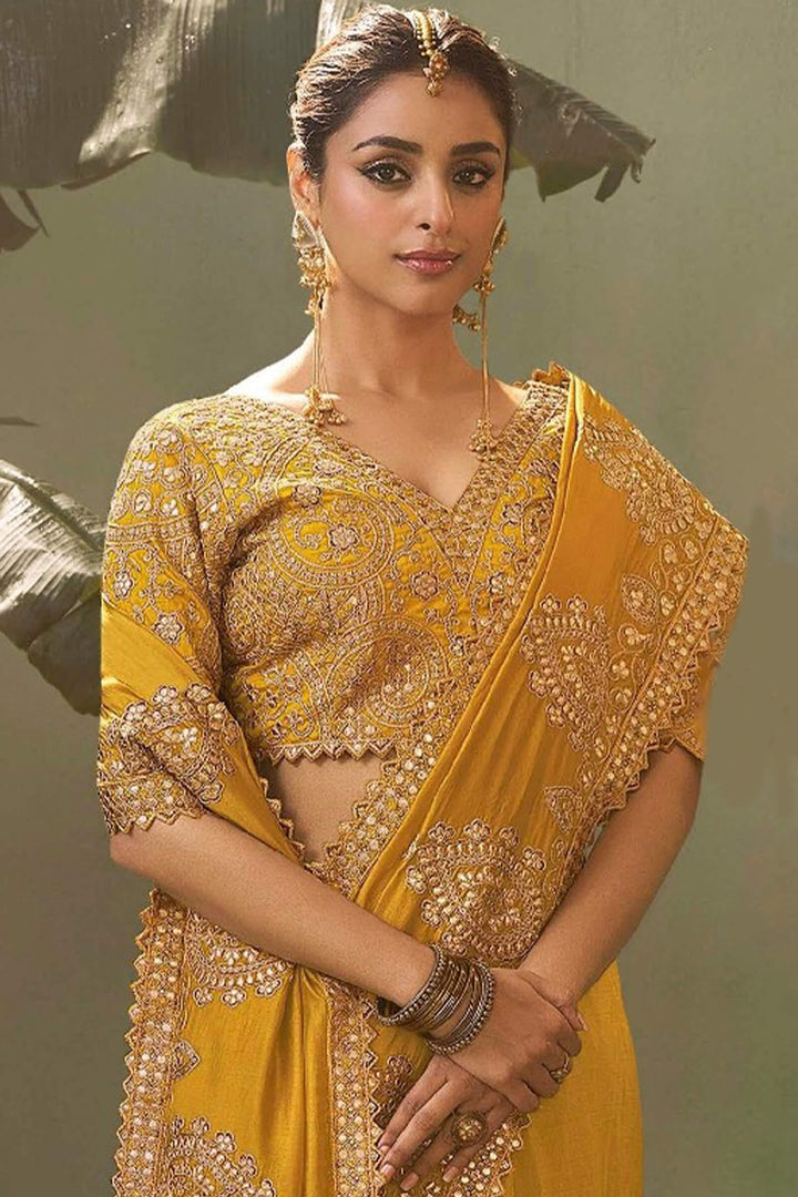 Dark Yellow Gota Patti Embroidery Work Saree With Designer Blouse Piece