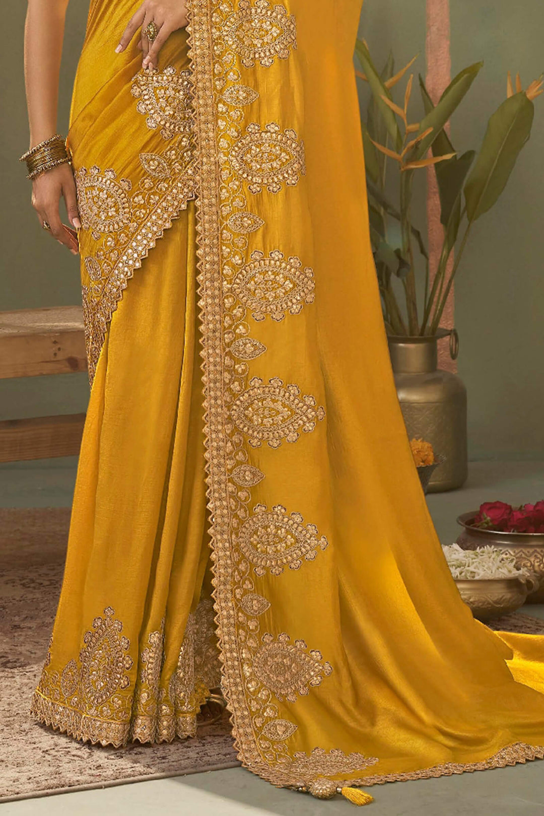Dark Yellow Gota Patti Embroidery Work Saree With Designer Blouse Piece