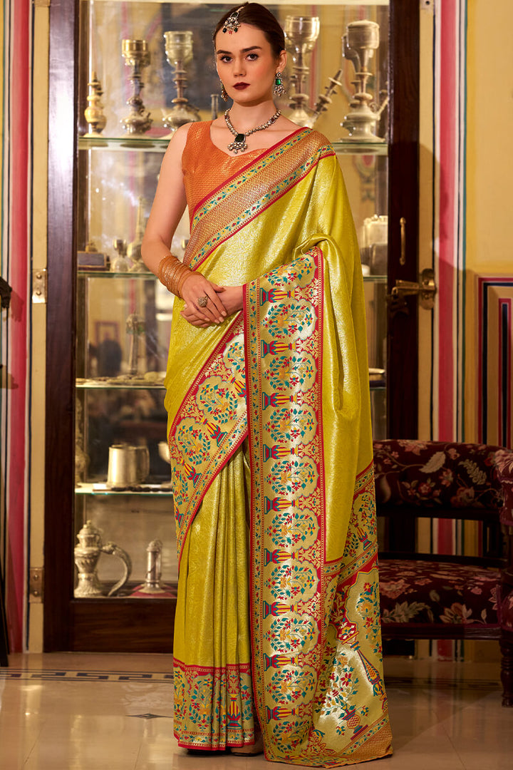 Dark Yellow Paithani Tissue Silk Saree