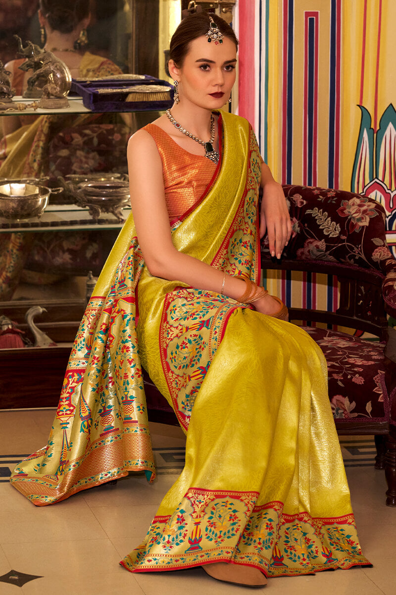 Dark Yellow Paithani Tissue Silk Saree