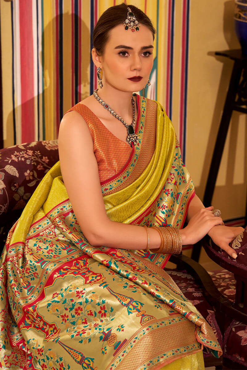 Dark Yellow Paithani Tissue Silk Saree