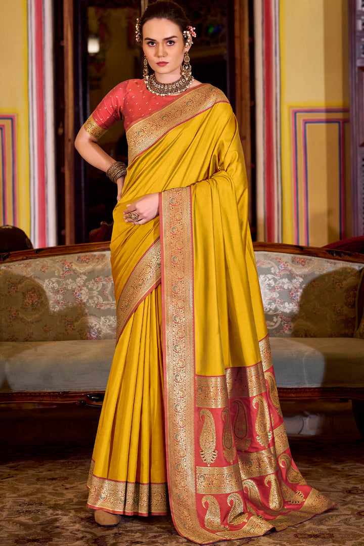 Dark Yellow Zari Woven Soft Banarasi Silk Saree