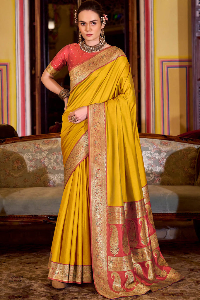 Dark Yellow Zari Woven Soft Banarasi Silk Saree