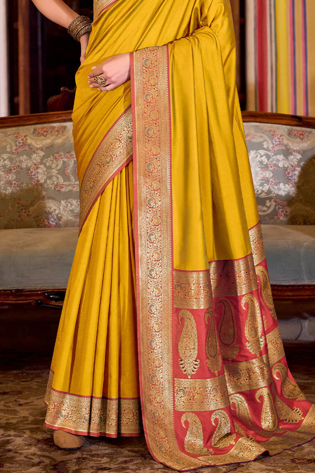 Dark Yellow Zari Woven Soft Banarasi Silk Saree
