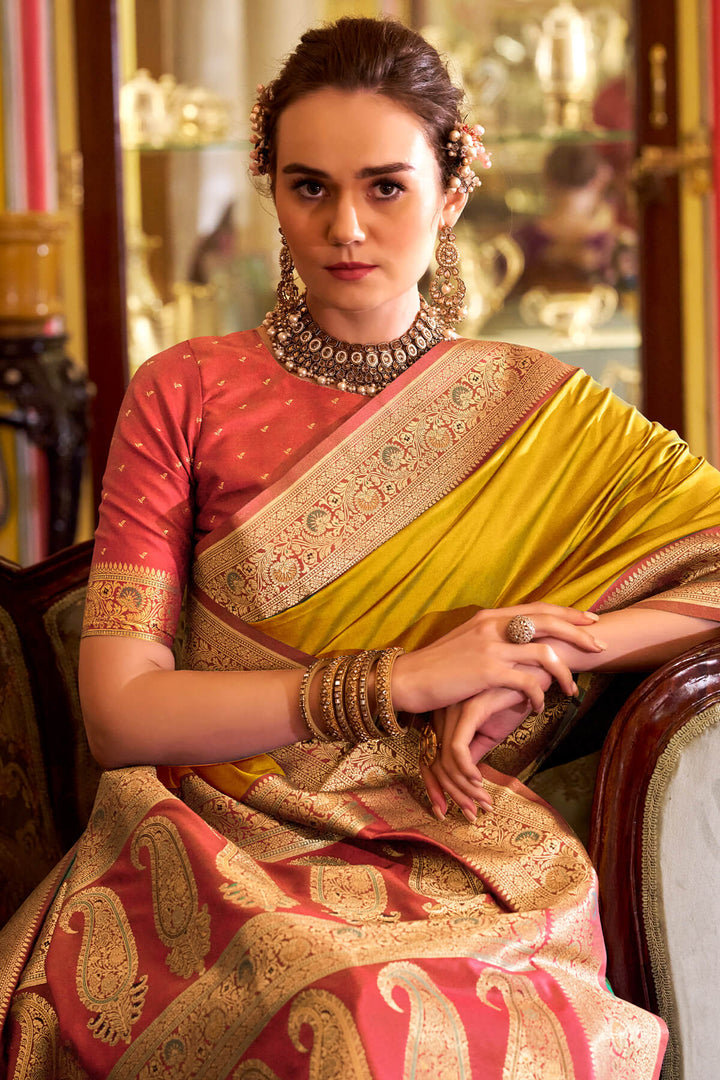 Dark Yellow Zari Woven Soft Banarasi Silk Saree