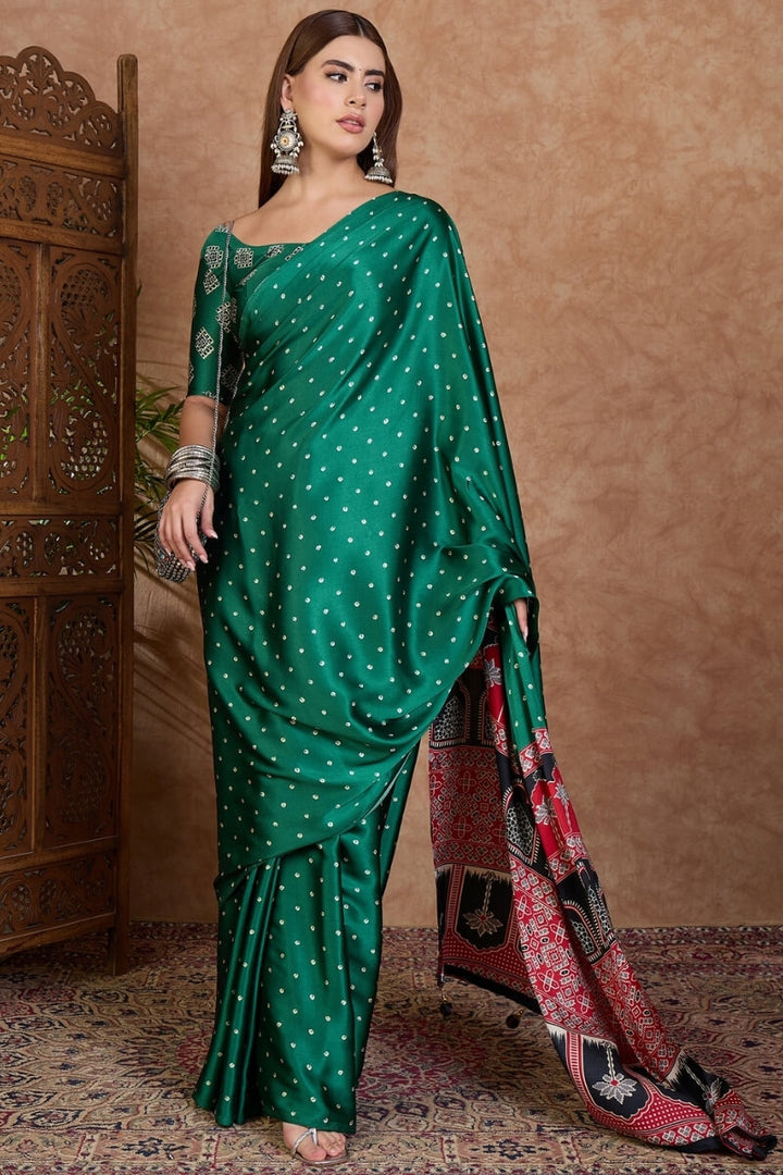 Dartmouth Green Ajrakh Printed Satin Silk Saree