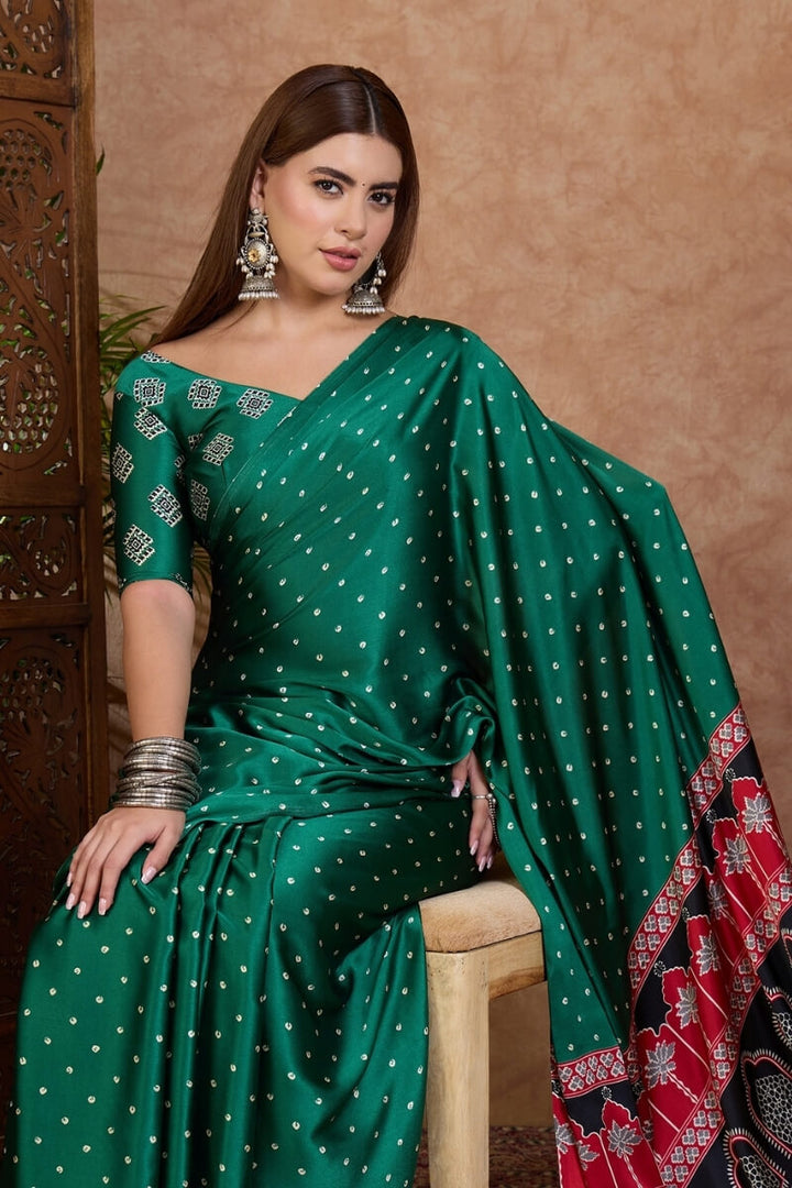 Dartmouth Green Ajrakh Printed Satin Silk Saree
