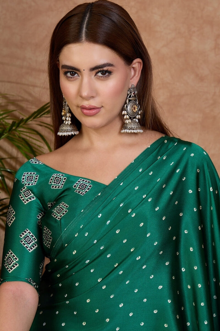 Dartmouth Green Ajrakh Printed Satin Silk Saree