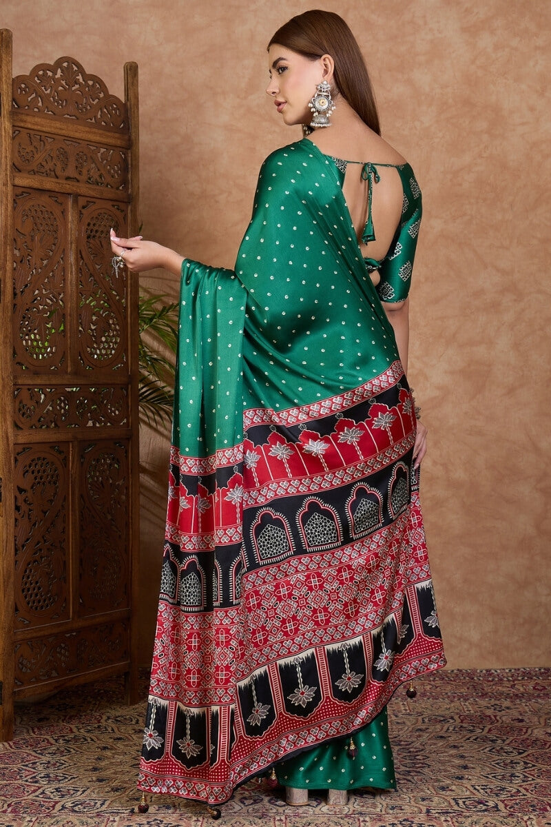 Dartmouth Green Ajrakh Printed Satin Silk Saree