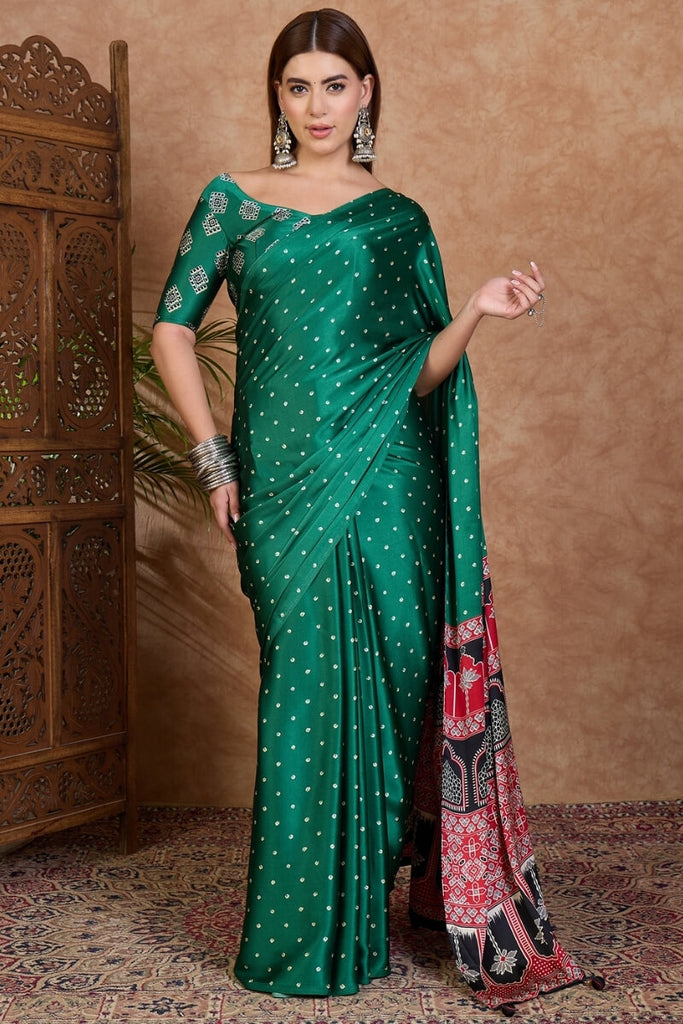Dartmouth Green Ajrakh Printed Satin Silk Saree