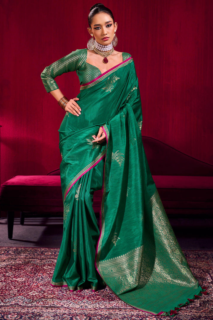 Dartmouth Green Banarasi satin silk saree
