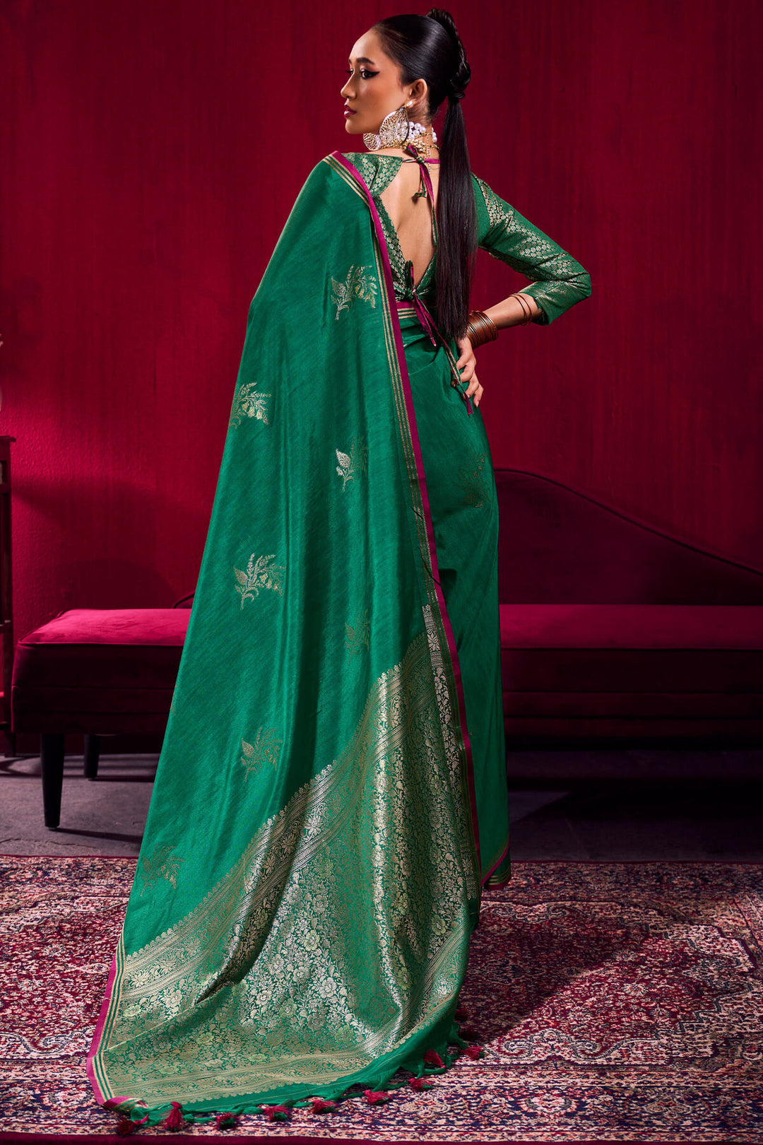 Dartmouth Green Banarasi satin silk saree