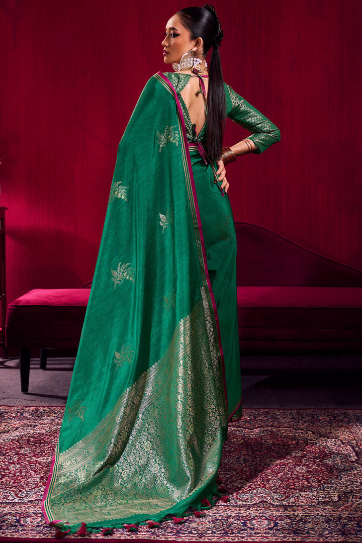 Dartmouth Green Banarasi satin silk saree