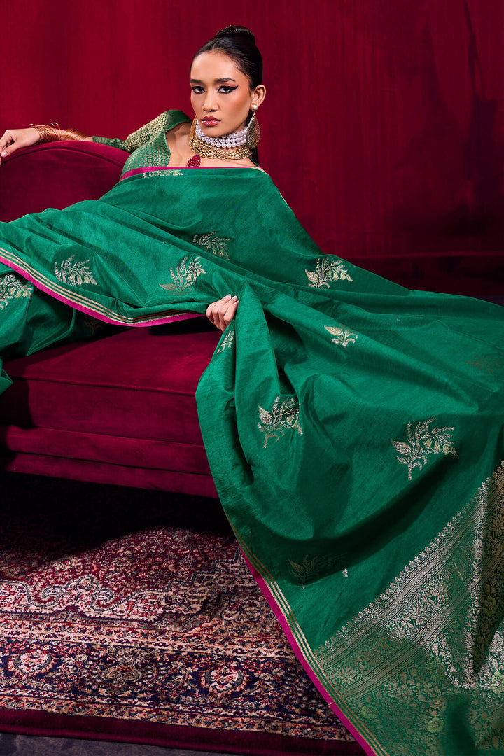 Dartmouth Green Banarasi satin silk saree