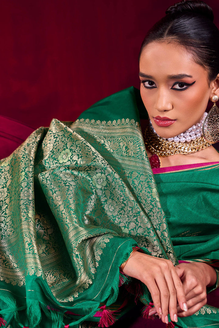 Dartmouth Green Banarasi satin silk saree