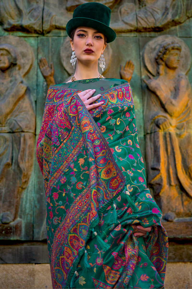 Dartmouth Green Kashmiri Weaving Organza Silk Saree