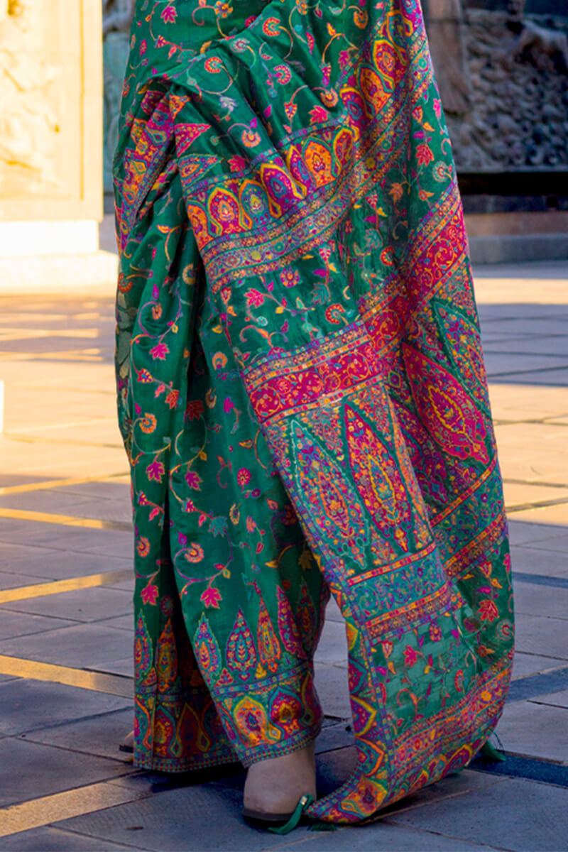 Dartmouth Green Kashmiri Weaving Organza Silk Saree