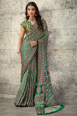 Dartmouth Green Printed Semi Modal Satin Silk Saree