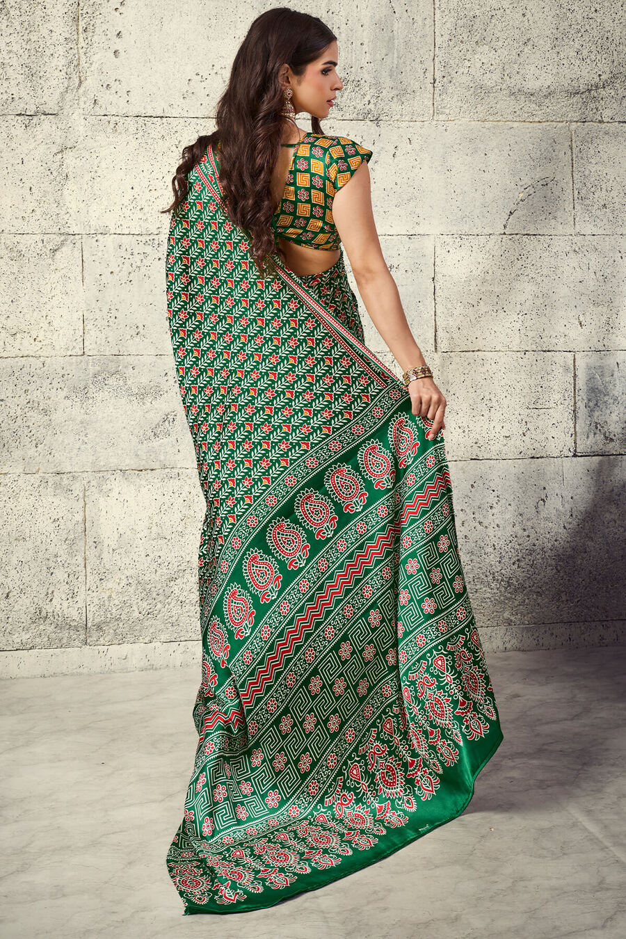 Dartmouth Green Printed Semi Modal Satin Silk Saree